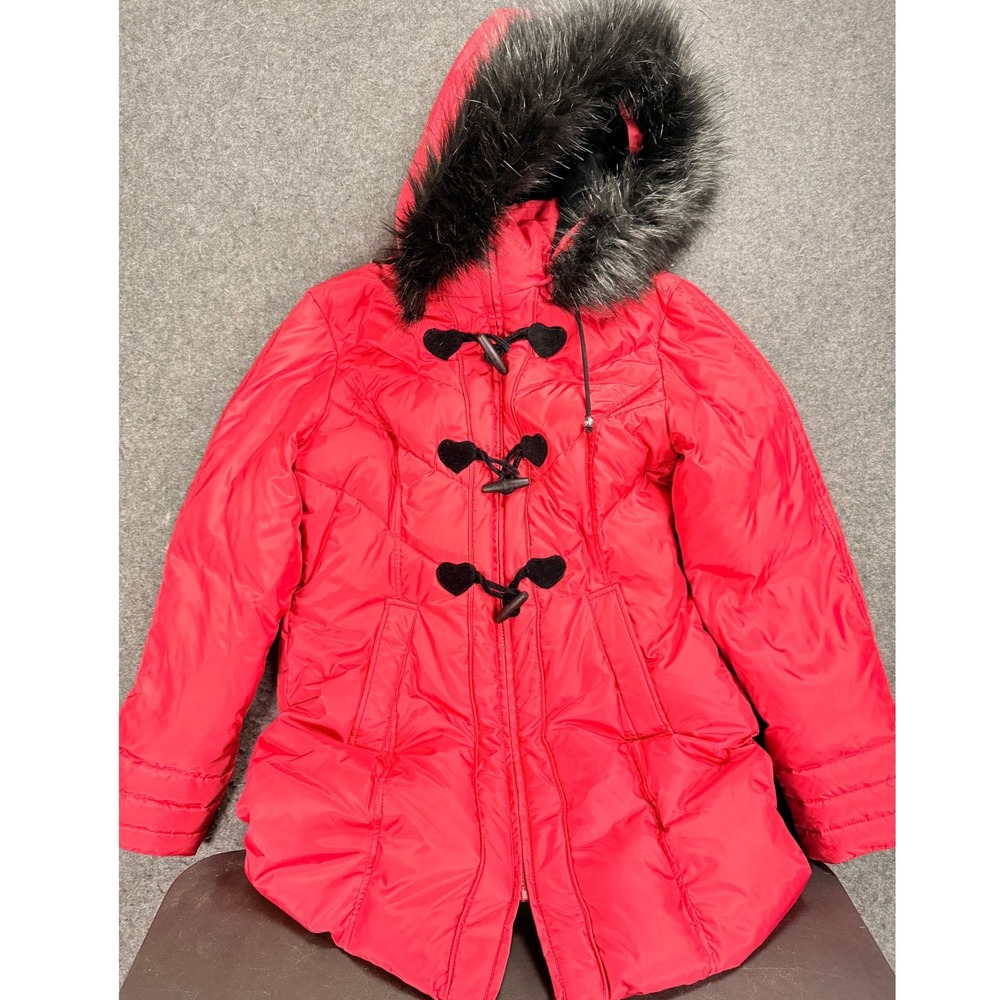 Betsey Johnson Women's Red Puffer Coat Medium Faux Fur Hood Leopard Lined